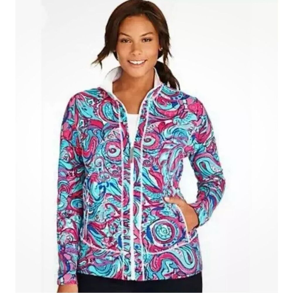 T by Talbots Jacket Womens XL Aqua Blue Pink Floral Geometric Full Zip Yoga